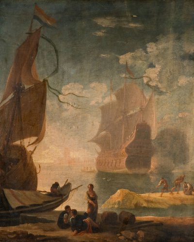 Havenscène met oorlogsschip en figuren op een kade, 1825 door Claude Joseph Vernet