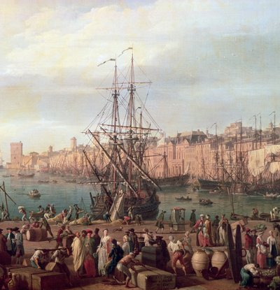 Ochtendzicht op de Binnenhaven van Marseille en het Paviljoen van de Horloge du Parc, 1754 (detail) door Claude Joseph Vernet
