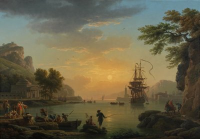 Landschap bij zonsondergang met vissers die terugkeren met hun vangst door Claude Joseph Vernet