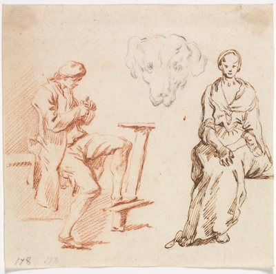 Blad met Studies: Zittende Man, Hoofd van een Hond, Zittende Vrouw door Claude Joseph Vernet