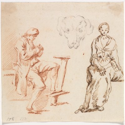 Blad met Studies: Zittende Man, Hoofd van een Hond, Zittende Vrouw, 1700s door Claude Joseph Vernet
