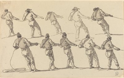 Tien mannen die aan touwen trekken door Claude Joseph Vernet