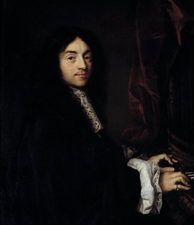 Detail van Portret van de organist Charles Couperin met de dochter van de schilder door Claude Lefebvre