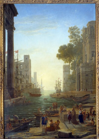 Landschap met de boot van Sint Paula Romana in Ostia. Sint Paula verlaat haar kinderen om naar het Heilige Land te reizen door Claude Lorrain