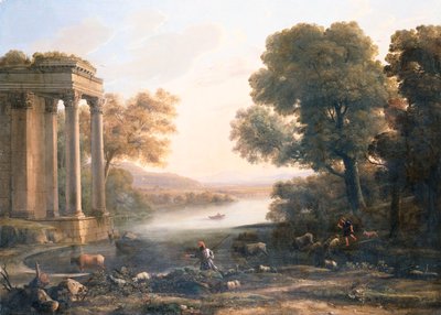 Een pastorale landschap met een verwoeste tempel, ca. 1638 door Claude Lorrain
