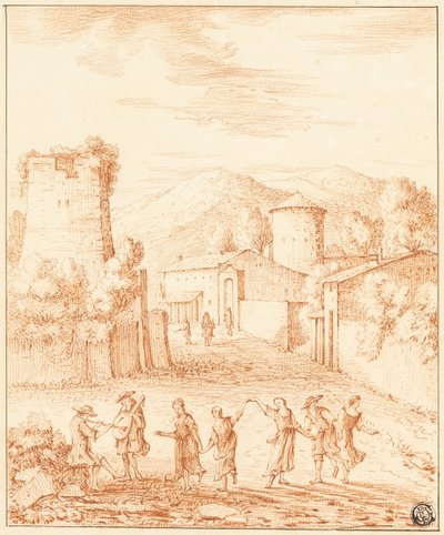 Dansers en muzikanten voor dorp met verwoeste toren door Claude Lorrain