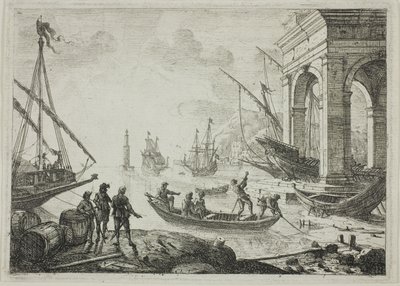 Havenscène met een vuurtoren door Claude Lorrain