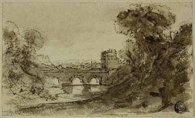 Italiaans rivierlandschap met brug en toren door Claude Lorrain