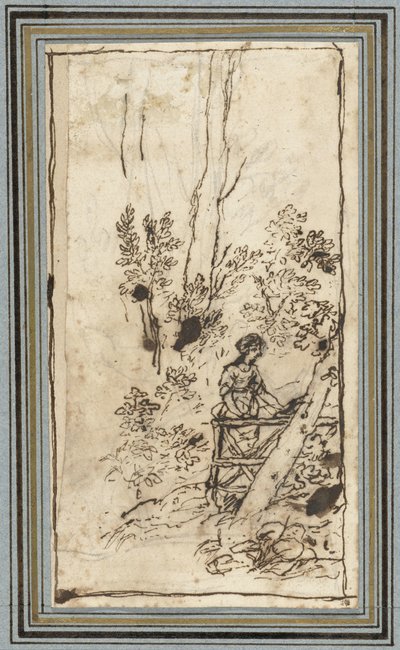 Jonge vrouw staande bij een hek in een bos door Claude Lorrain