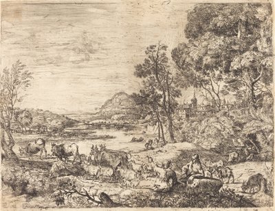 Herder en herderin in gesprek in een landschap door Claude Lorrain