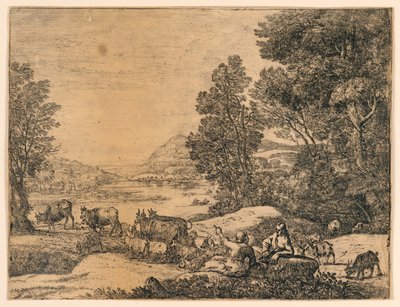 Herder en herderin in gesprek in een landschap door Claude Lorrain