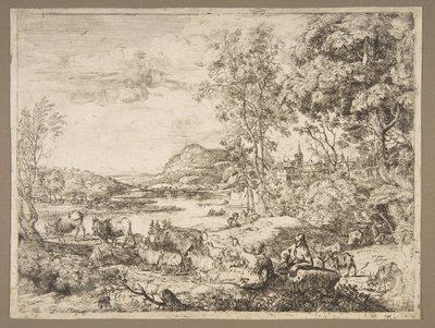 Herder en herderin in gesprek in een landschap, ca. 1651 door Claude Lorrain