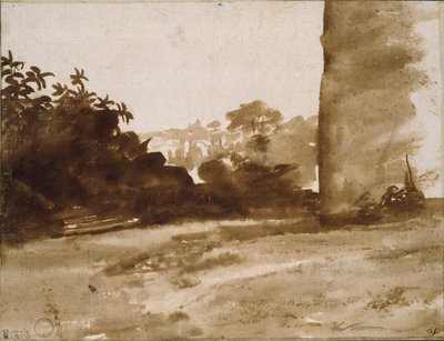 Uitzicht op struikgewas met een muur aan de rechterkant, ca. 1640 door Claude Lorrain