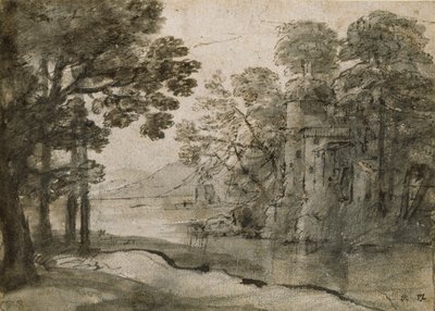 Watermolen tussen bomen, ca. 1635-1638 door Claude Lorrain