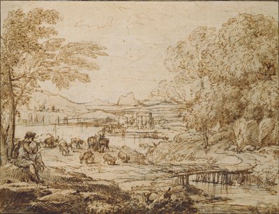 Jongeling die een Fluit speelt in een Pastoraal Landschap, ca. 1640s door Claude Lorrain