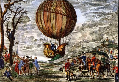 Vlucht van een heteluchtballon onder toezicht van de hertog van Chartres in 1783, gravure door Claude Louis (after) Desrais