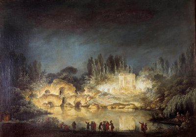 Verlichting van het Belvedere-paviljoen in de tuinen van het Peer Trianon in Versailles tijdens het feest gegeven door koningin Marie Antoinette ter ere van haar broer Joseph II (1741-1790) in augustus 1781 door Claude Louis Chatelet