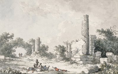 De ruïnes van de Tempel van Castor en Pollux, Agrigento, met kunstenaars die schetsen door Claude Louis Chatelet