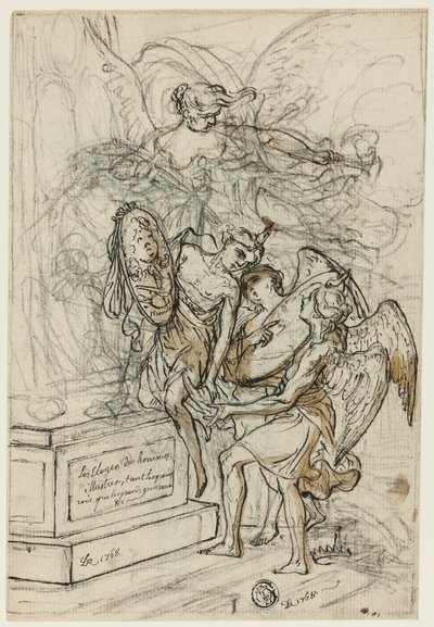 Allegorie ter ere van koning Stanislas Leczynski (recto); Schets van staande man met uitgestrekte armen (verso) door Claude Louis Desrais