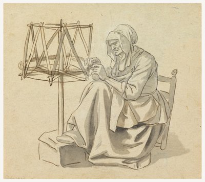 Een Oude Vrouw aan het Spinnewiel door Claude Louis Desrais
