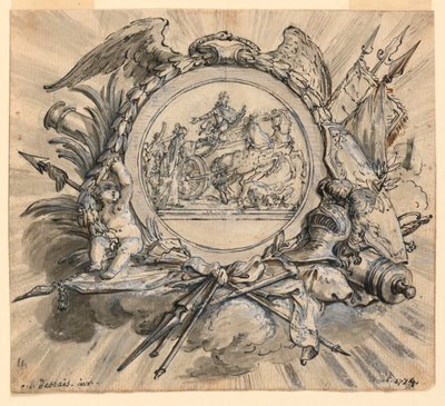 Cartouche met oorlogsattributen door Claude Louis Desrais