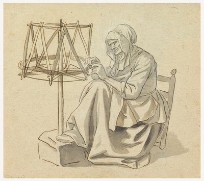 Tekening, Een oude vrouw spint, 1810-30 door Claude Louis Desrais