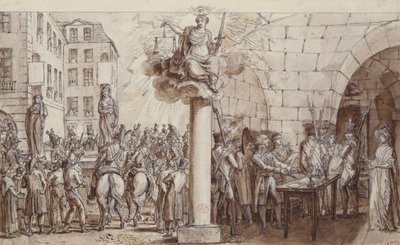 De weduwe Morin en haar dochter Angelique Delaporte in de Conciergerie en gestraft met publiekelijk boeien voor het misdrijf van afpersing met geweld van handtekeningen, 1812 door Claude Louis Desrais