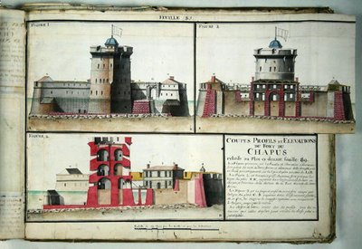 Atlas 131 F fol.85 Doorsnede en gevels van het Chapus Fort, uit Traité de Fortifications, c.1720 door Claude Masse