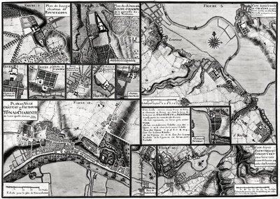 Fol.7 & 98 Kaart van de steden en kastelen langs de Charente Rivier in 1714, uit Recueil des Plans de Saintonge door Claude Masse