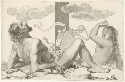 Adam en Eva aan de voet van het kruis door Claude Mellan
