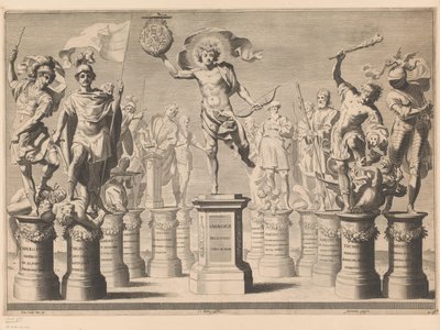 Allegorie ter ere van het huis Savoye met legendarische figuren op sokkels door Claude Mellan