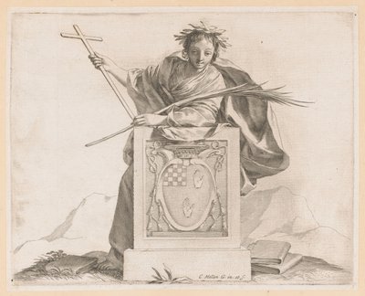 Allegorische figuur met het wapen van de familie Potier door Claude Mellan