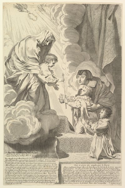 Anna van Oostenrijk met de jonge Lodewijk XIV en Monsieur voor de Maagd en het Kind Anne dAutr... door Claude Mellan