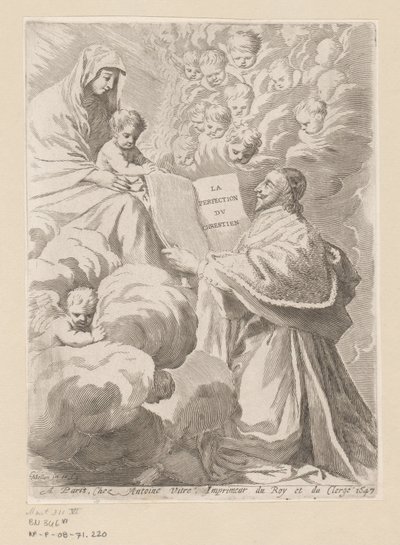 Armand-Jean du Plessis hertog van Richelieu presenteert een boek aan Maria met Kind. Titelpagina voor: Armand-Jean du Plessis hertog van Richelieu, Traité de la perfection du chrétien door Claude Mellan