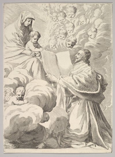 Kardinaal Richelieu, knielend, presenteert zijn boek aan de Maagd en het Kind, ca. 1646 door Claude Mellan