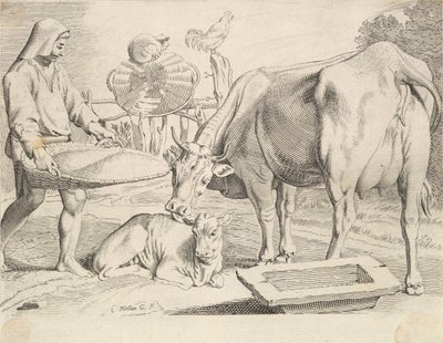 Plattelandsscène met een boer, koe en kalf door Claude Mellan