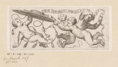 Drie putti met kardinaalshoed en band door Claude Mellan