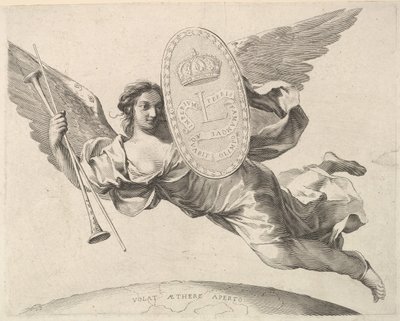 Roem die een schild draagt met de initialen van Lodewijk XIV La Renommée volant door Claude Mellan