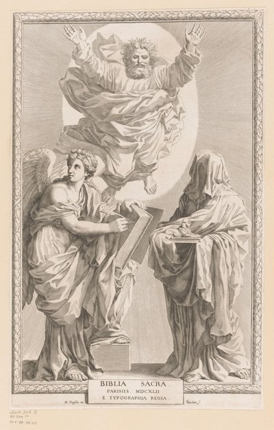God met personificatie van Geschiedenis en Profetie door Claude Mellan