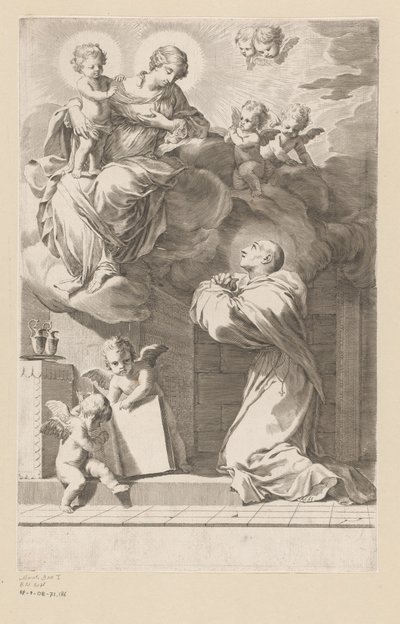 H. Bernard knielend voor een verschijning van Maria met Kind door Claude Mellan