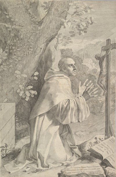 St. Bernard knielt voor een kruisbeeld, ca. 1655 door Claude Mellan