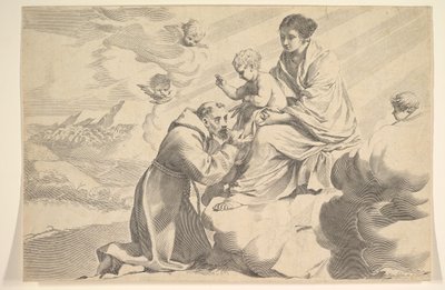 Sint Franciscus van Assisi die het Christuskind op de schoot van de Maagd aanbidt door Claude Mellan