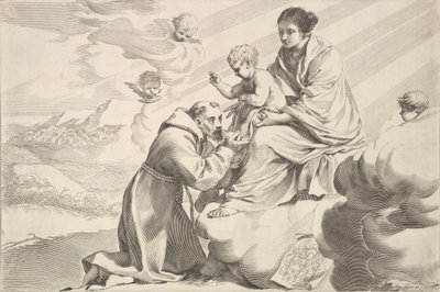 Sint Franciscus van Assisi die het Christuskind aanbidt op de schoot van de Maagd door Claude Mellan