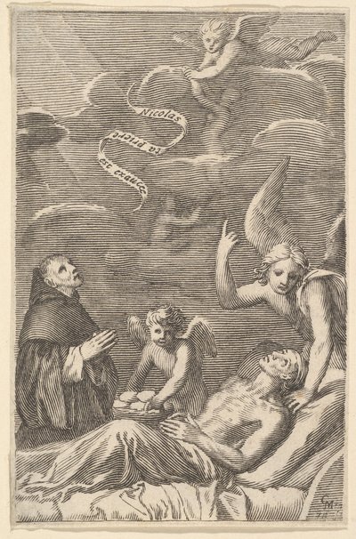 St. Nicolaas bidt voor een stervende man door Claude Mellan