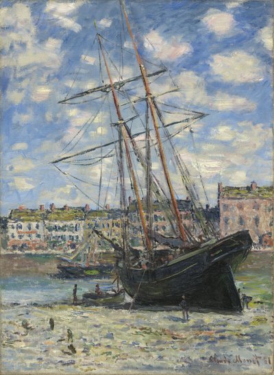 Boot bij eb door Claude Monet
