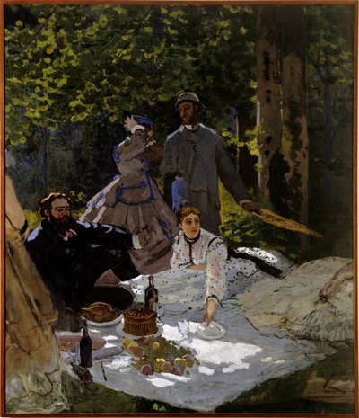 Ontbijt op het gras (fragment). Linker deel. Rechterkant: voorstelling van links naar rechts van Gustave Courbet, Camille Doncieux en Frederic Bazille (staand in het midden). Schilderij door Claude Monet (1865-1866) Parijs, musee d