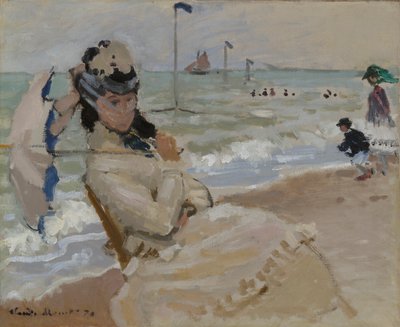 Camille op het strand in Trouville door Claude Monet