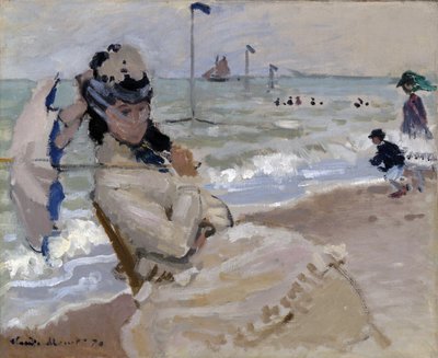 Camille op het strand in Trouville door Claude Monet