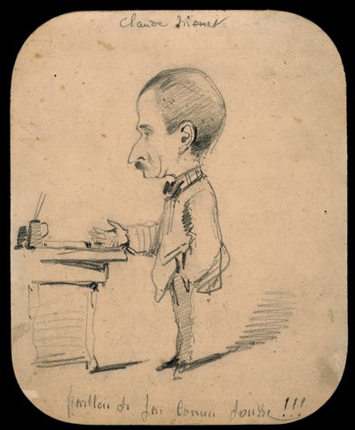 Karikatuur van een man die bij een bureau staat (recto); Schets van een mannelijk hoofd in profiel (verso) door Claude Monet
