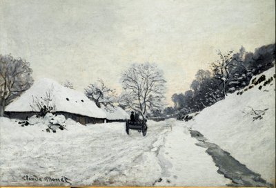 Kar, weg onder sneeuw in Honfleur door Claude Monet